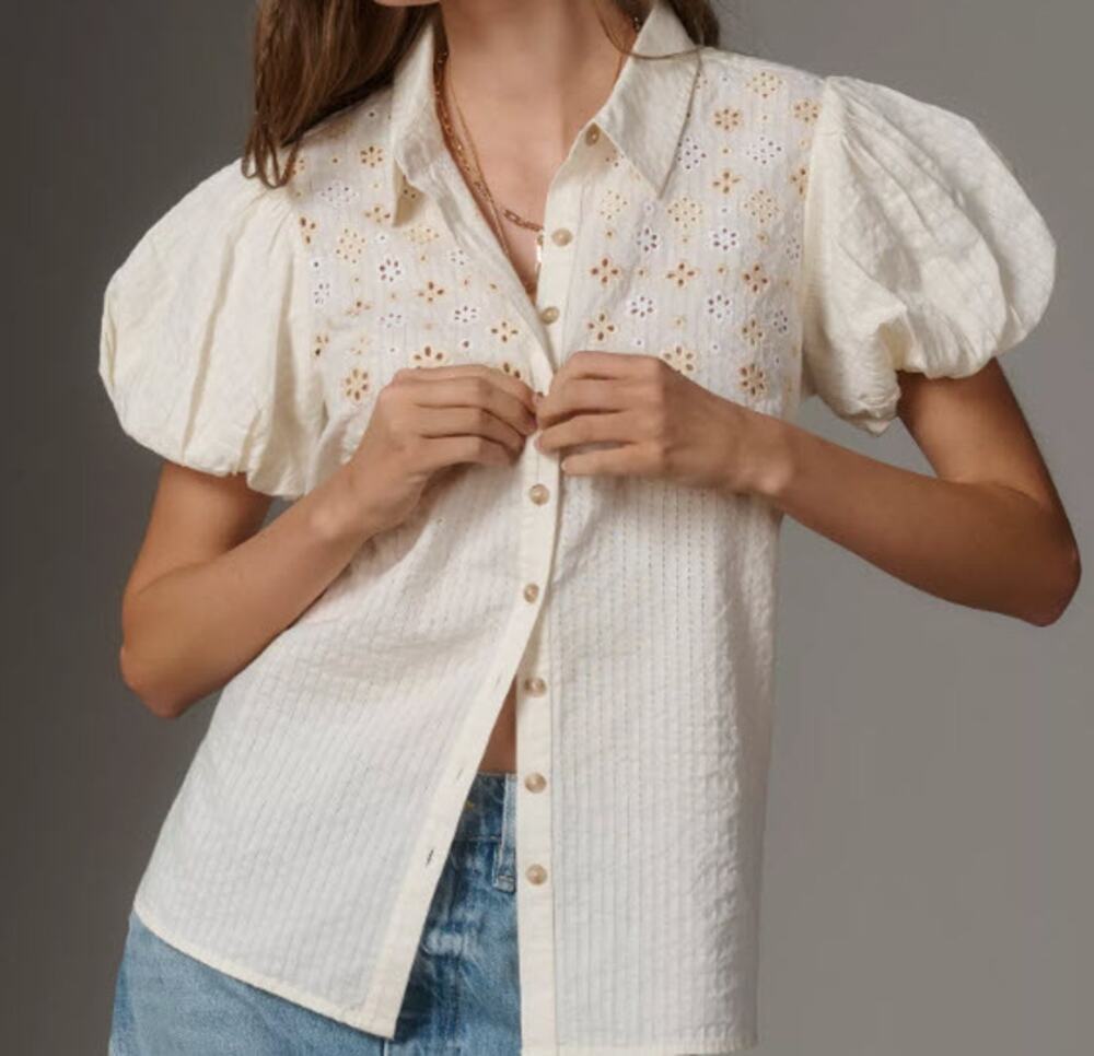 Anthropologie Pilcro Cream Eyelet Puff Short Sleeve Button Down Shirt Large NWT